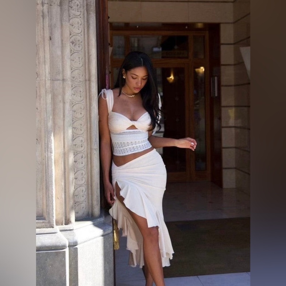 White Lace Crop Top and Skirt Set |Satin & Lace Co-Ord Set | Crop Top & Skirt - Picture 6 of 16